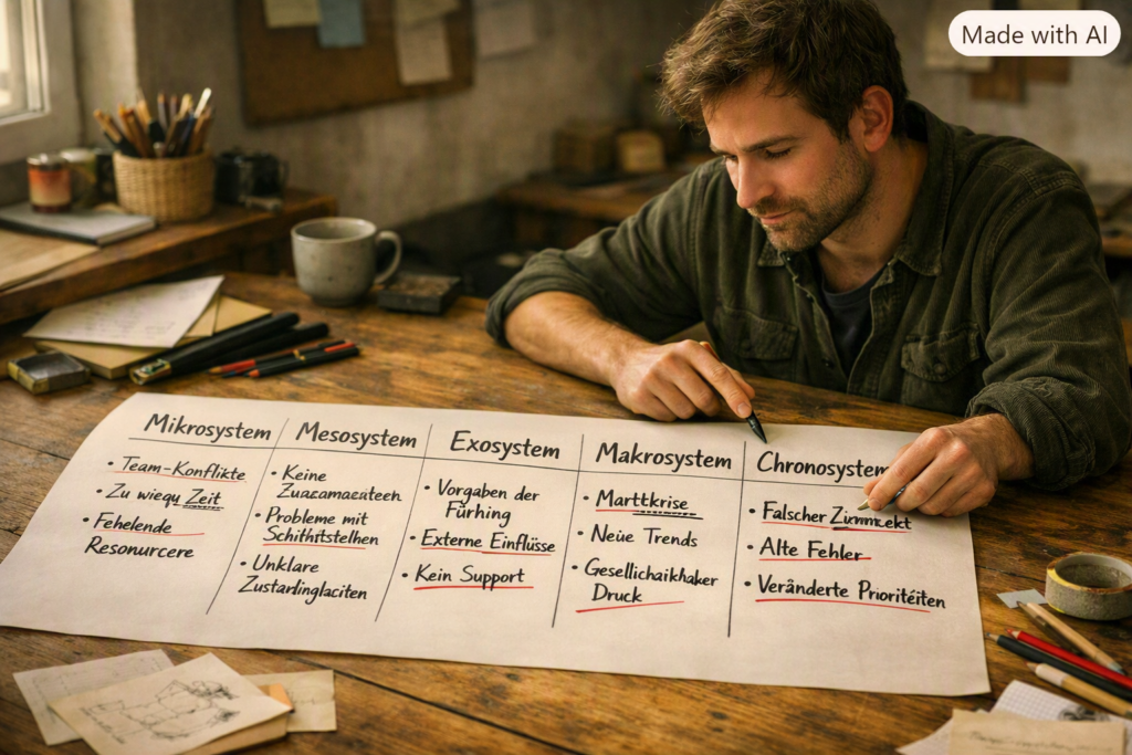 Kreative Person erstellt eine systemische Analyse mit fünf Spalten für jede Ebene auf einem großen Blatt Papier