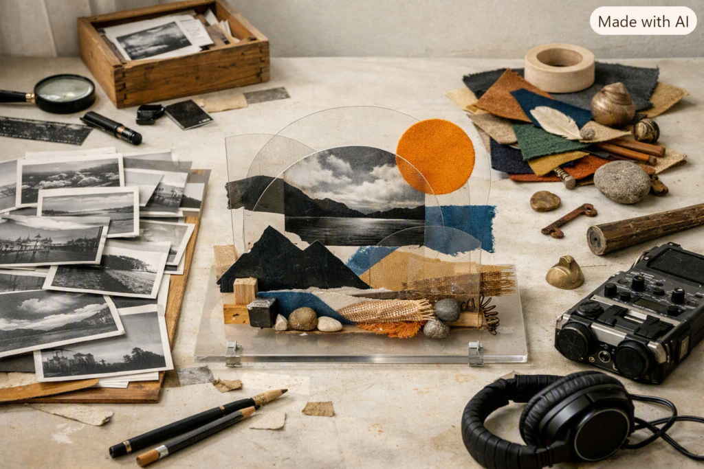 Fotografien, Stoffmuster und Klangmaterial verbinden sich zu einer experimentellen Installation.