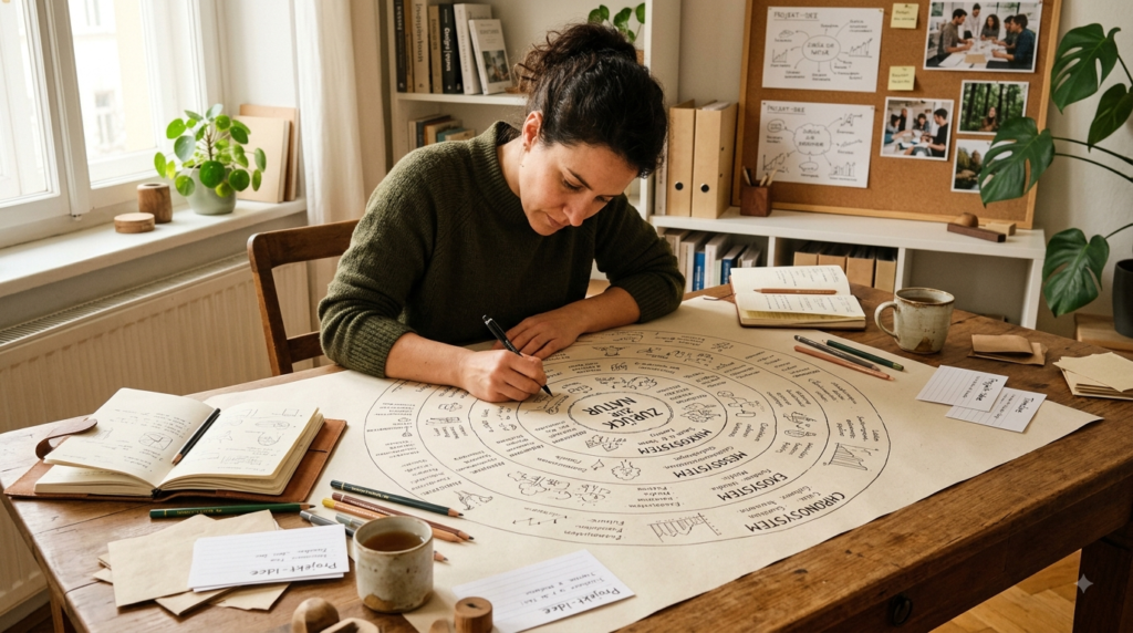 Kreative Person zeichnet eine Systemkarte mit mehreren Ebenen auf ein großes Blatt Papier