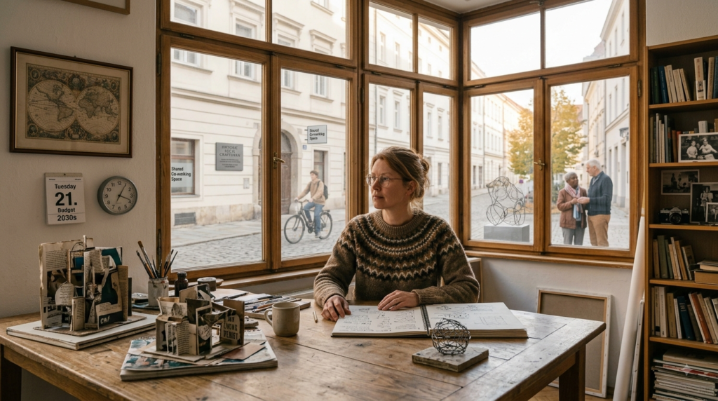 Kreative Person arbeitet in einem Raum mit Fenstern, durch die gesellschaftliche Veränderungen sichtbar sind
