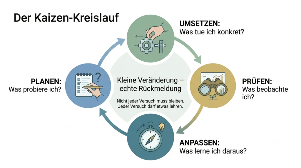 Prozessgrafik mit den vier Stationen Planen, Umsetzen, Prüfen und Anpassen.