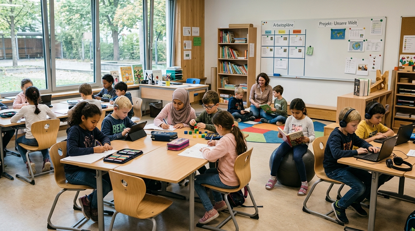 Heterogene Lerngruppe im Unterricht mit verschiedenen Zugängen und Arbeitsformen.