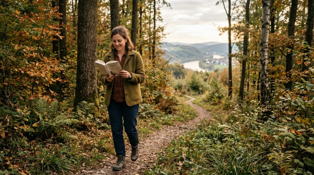 Eine Person beim Spaziergang in der Natur oder beim Lesen eines physischen Buches, das Smartphone ist nicht sichtbar. Die Stimmung ist entspannt, präsent und fokussiert auf die aktuelle Tätigkeit.