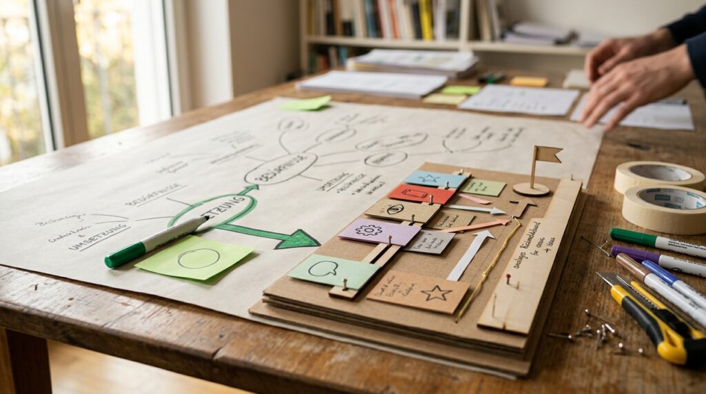 Kleiner Prototyp für einen verbesserten Ideenprozess liegt neben einer Mind Map und markierten Notizen.