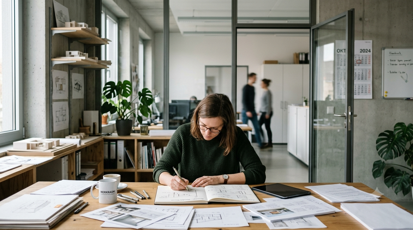 Kreative Person arbeitet an einem Projekttisch, während im Hintergrund unscharfe organisatorische Strukturen sichtbar sind