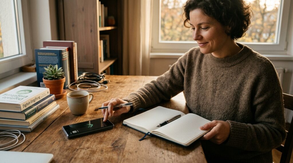 Person entscheidet sich bewusst gegen eine Plattform und arbeitet analog weiter.