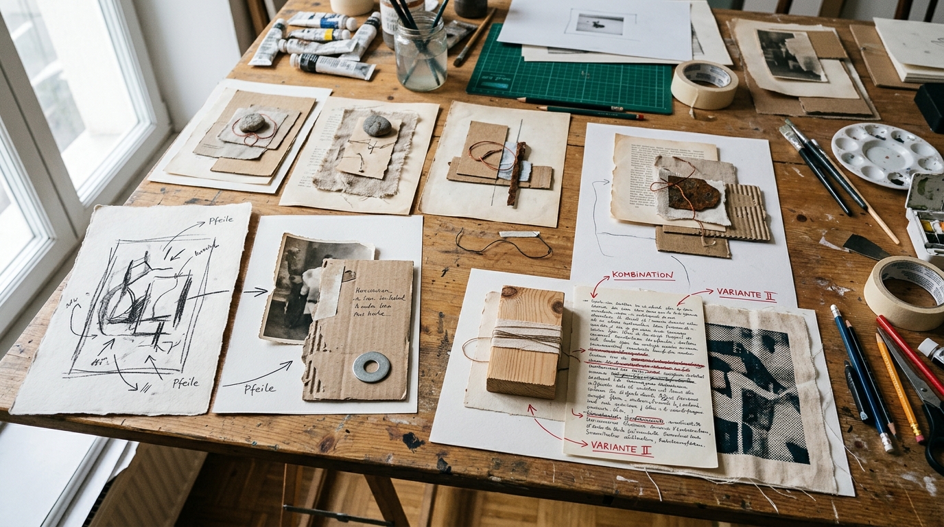 Kreativer Arbeitstisch mit verschiedenen Varianten eines künstlerischen Entwurfs und sieben markierten Veränderungsrichtungen der SCAMPER-Methode.