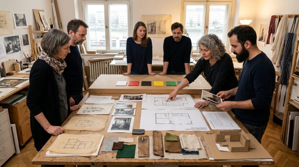 Skizzen, Fotografien und Raumpläne zeigen verschiedene Perspektiven auf eine Ausstellungsidee.