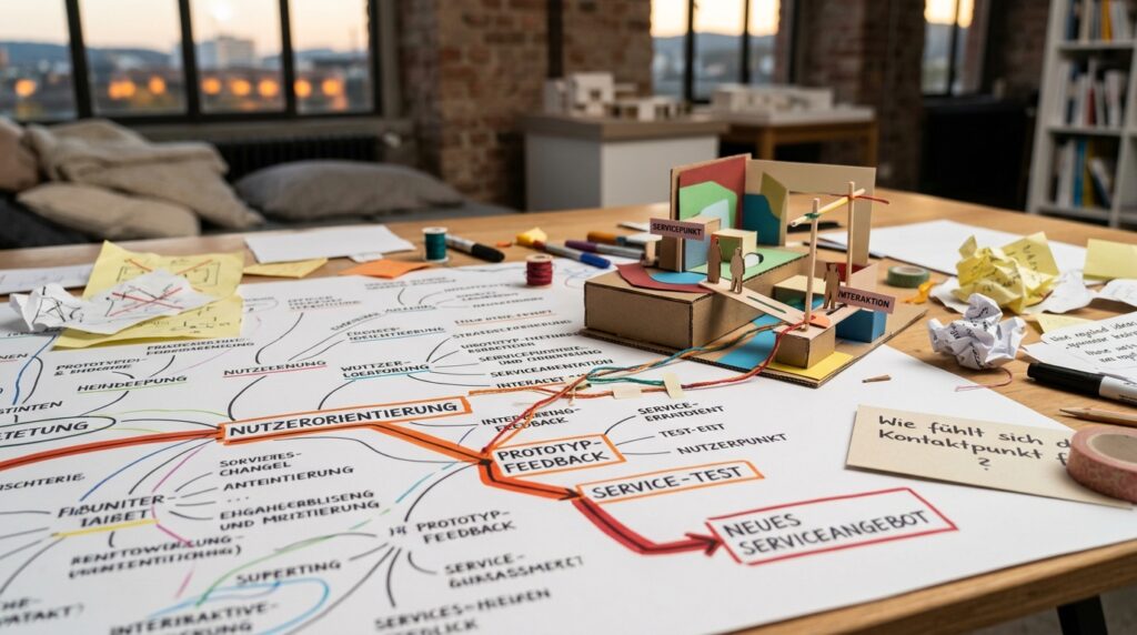 Kleiner Prototyp eines Serviceangebots liegt neben einer Mind Map und markierten Ideen.