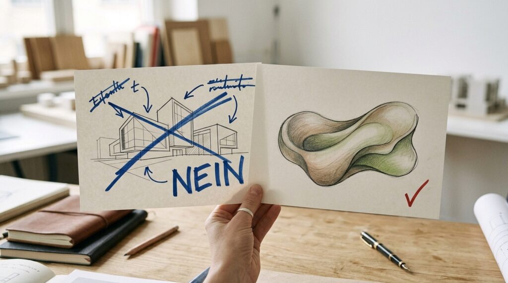 Vergleich zweier kreativer Entwürfe mit Fokus auf Auswahl und Verdichtung.