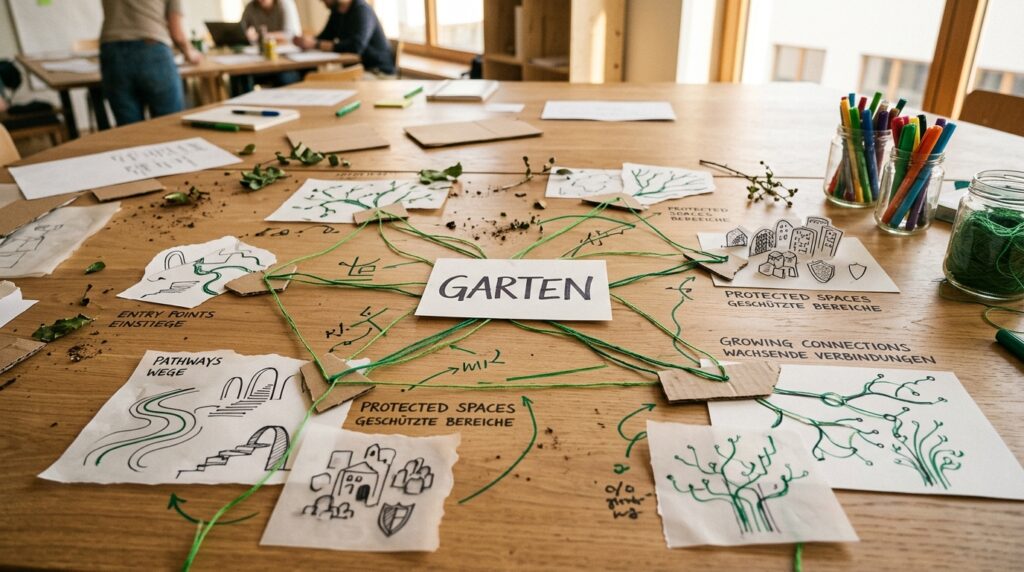 Mind Map mit dem Zufallswort Garten und Ideen für ein neues digitales Serviceangebot.