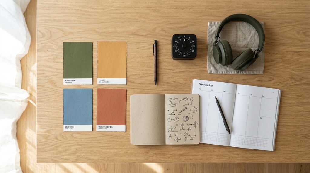 Karten und Arbeitsmaterialien auf einem Tisch als Symbol für die Vier-Felder-Übung zu Neurodiversität.