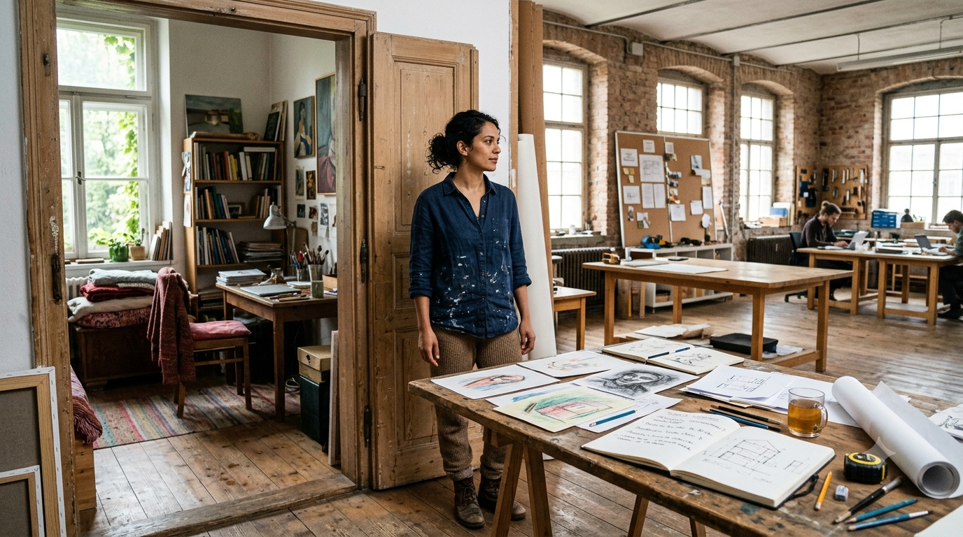 Kreative Person steht zwischen Atelier und gemeinschaftlichem Arbeitsraum, während sich beide Umgebungen visuell verbinden