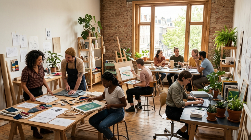 Verschiedene Menschen in einem kreativen Arbeitsraum mit unterschiedlichen Arbeitsweisen und Materialien