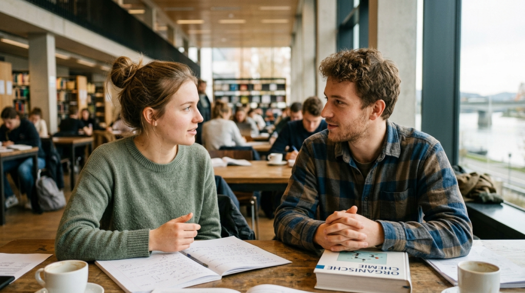 Lehrperson spricht ruhig mit Schüler auf Augenhöhe im Klassenzimmer