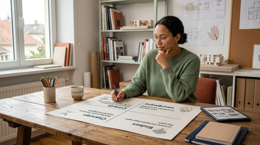 Übersichtliche Darstellung der vier SWOT-Quadranten mit Icons oder Symbolen für jede Kategorie