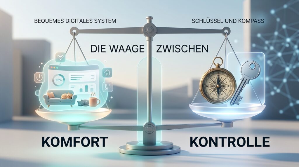 Symbolische Darstellung von digitalem Komfort und Kontrolle im Gleichgewicht.