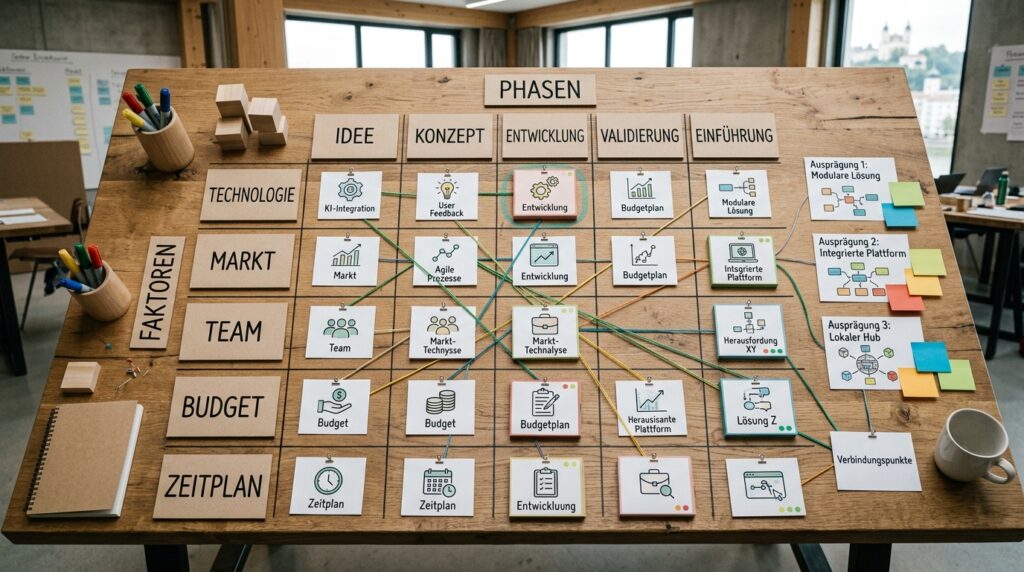 Tabelle oder Matrix mit Merkmalen und Ausprägungen für ein Innovationsprojekt.
