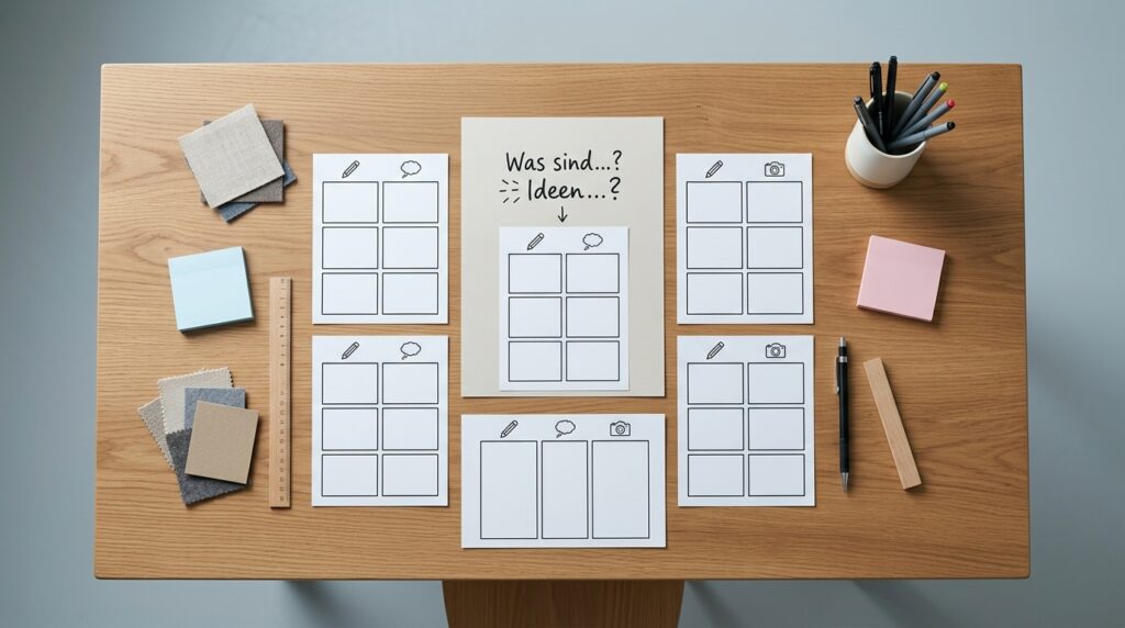 Kreativer Arbeitstisch mit einer zentralen Fragestellung und leeren Ideenfeldern für eine 6-3-5-Session.