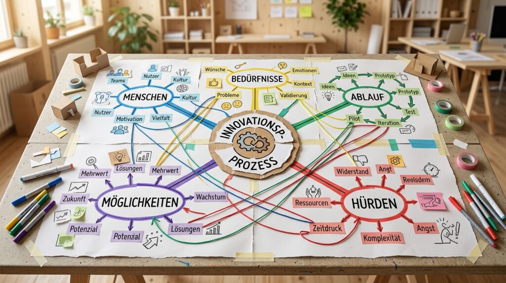 Mind Map mit verbundenen Begriffen zu Mitarbeitenden, Bedürfnissen, Ablauf, Hürden und Möglichkeiten.