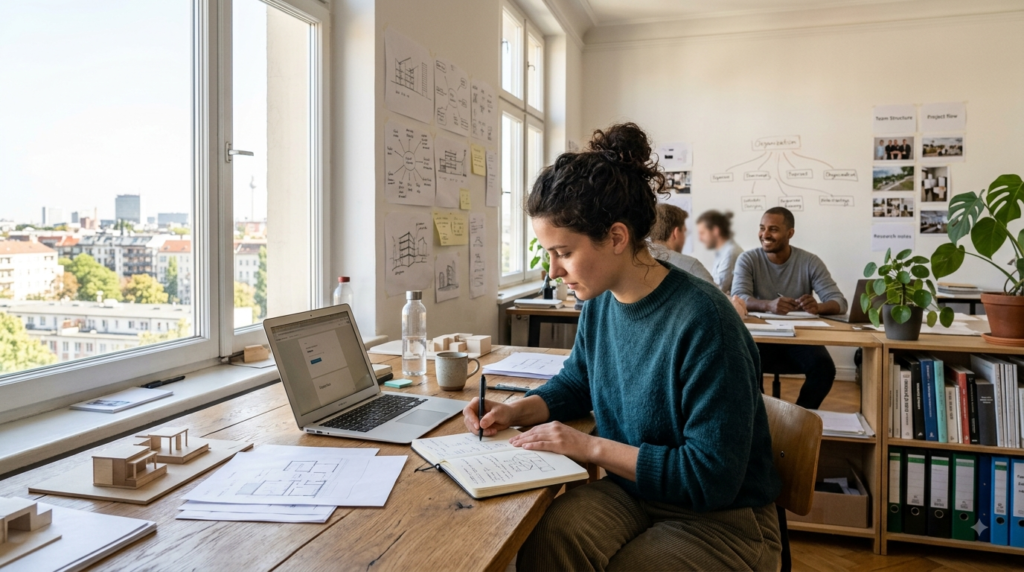 Kreative Person in einem Arbeitsraum, umgeben von subtilen visuellen Hinweisen auf Beziehungen, Strukturen und Kontext