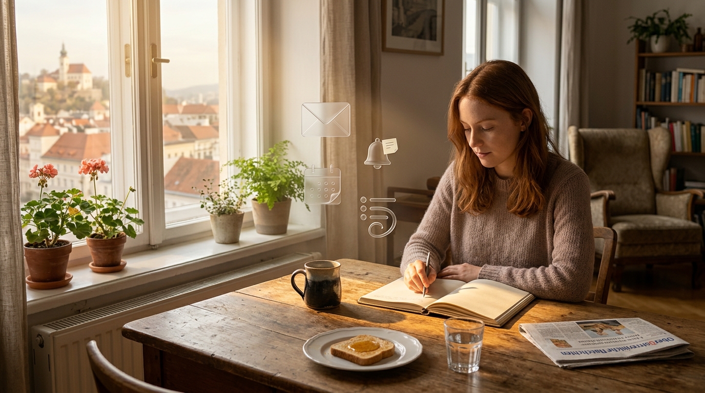 Eine Person sitzt am Morgen mit einem Handy in der Hand, umgeben von schwebenden Symbolen für Nachrichten und Termine, während ein kleiner heller Bereich auf dem Tisch für bewusste Gestaltung steht.
