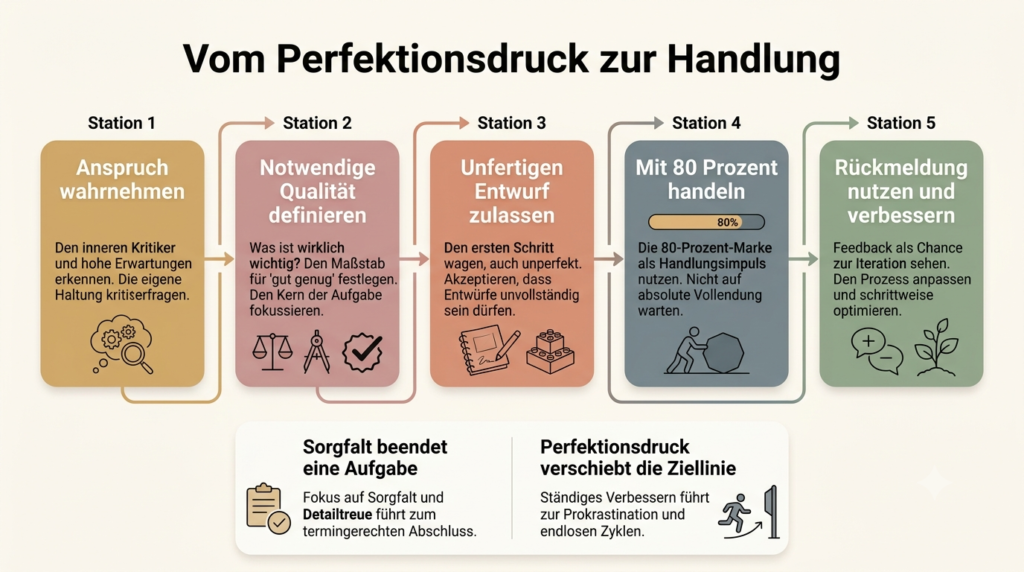 Prozessgrafik zeigt den Weg von Perfektionsdruck über Qualitätsrahmen und Entwurf zu sichtbarer Handlung und Reflexion.