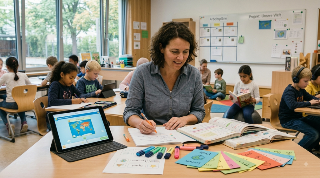 ehrkraft plant differenzierten Unterricht mit analogen und digitalen Materialien.