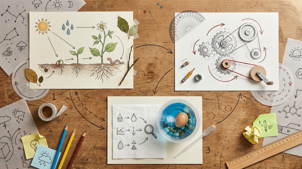 Draufsicht auf einen Arbeitstisch, der die Lernbewegungen Verstehen, Erproben und Verbinden mit analogen Materialien visualisiert.