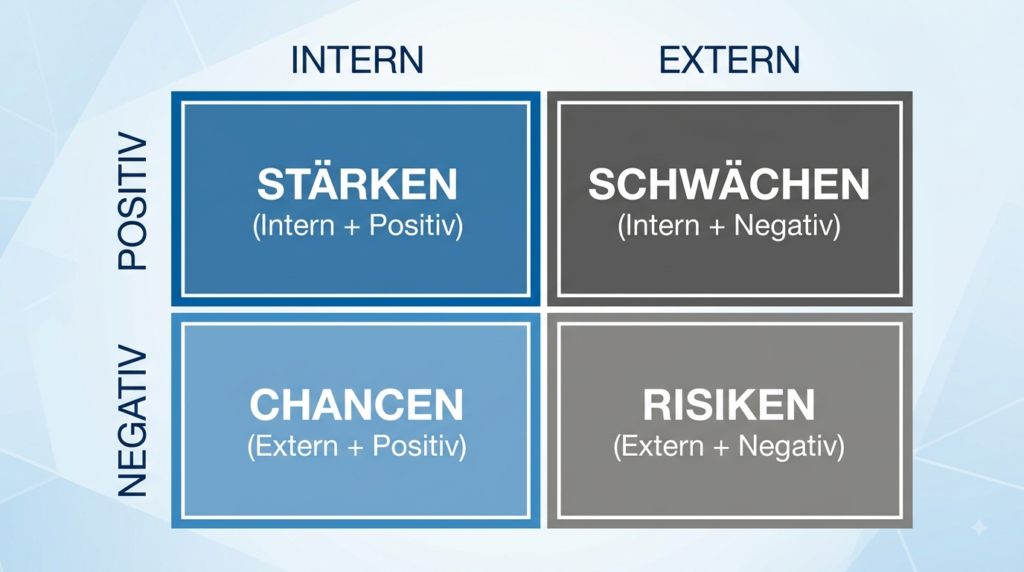 Schematische Darstellung einer SWOT-Matrix mit beschrifteten Quadranten und Achsen