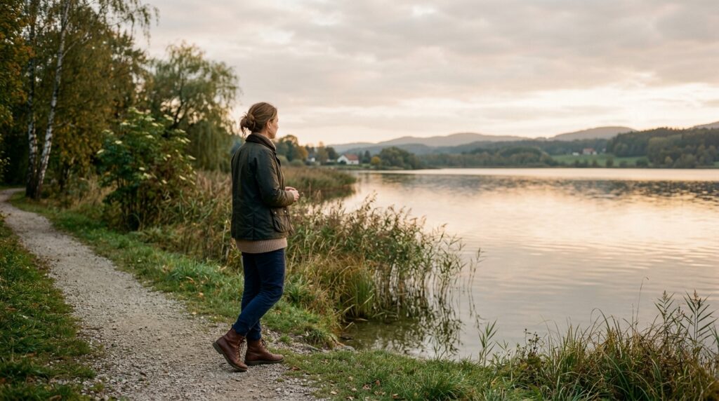 Eine Person steht nachdenklich auf einem ruhigen Weg oder an einer Uferkante, ohne Smartphone, in weichem Abendlicht und naturnaher Umgebung.
