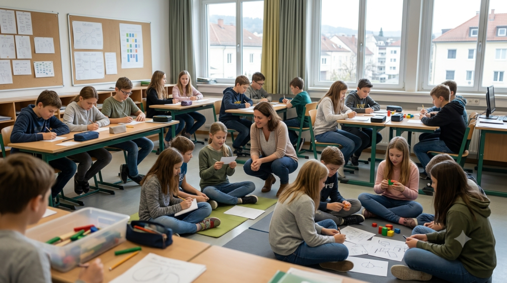Schüler:innen reflektieren ihren Lernprozess mit Karten und Skizzen im Klassenzimmer.