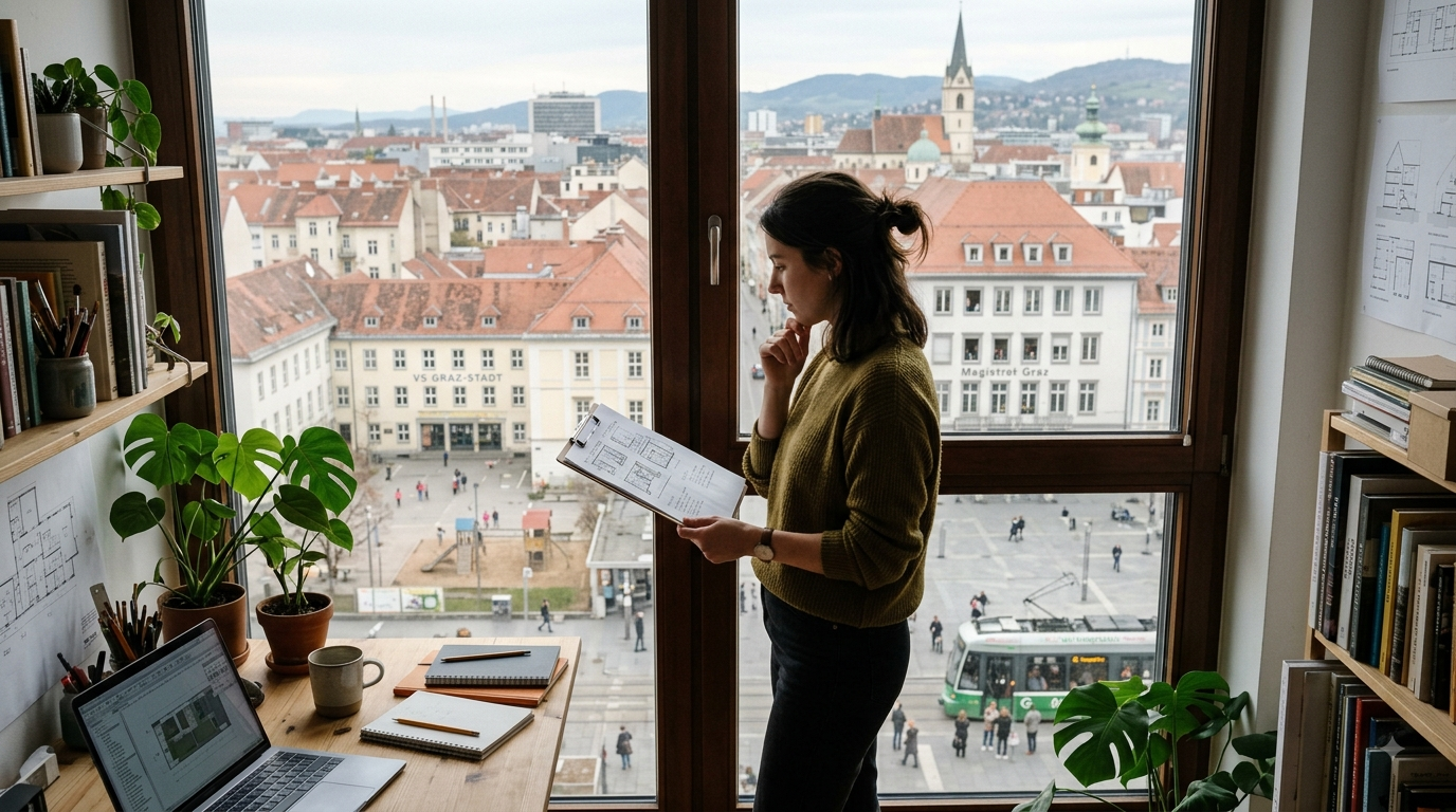 Kreative Person betrachtet eine Projektskizze vor einem großen Fenster mit Blick auf eine Stadtlandschaft