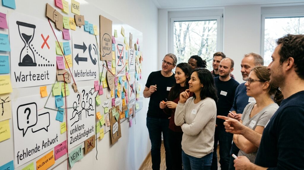 nnovationsworkshop mit gesammelten schlechten Ideen zu einem unübersichtlichen Kund:innenservice.