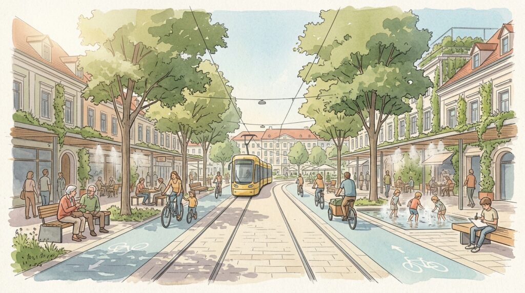 Begrünte und barrierearme Linzer Straße mit Fahrradwegen, Straßenbahn und sozialen Treffpunkten als Zukunftsszenario.