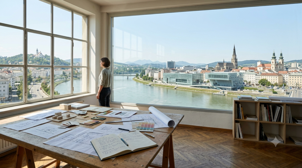 Kreative Person blickt aus einem Projektraum auf eine Stadtlandschaft, im Vordergrund liegen Skizzen und Notizen