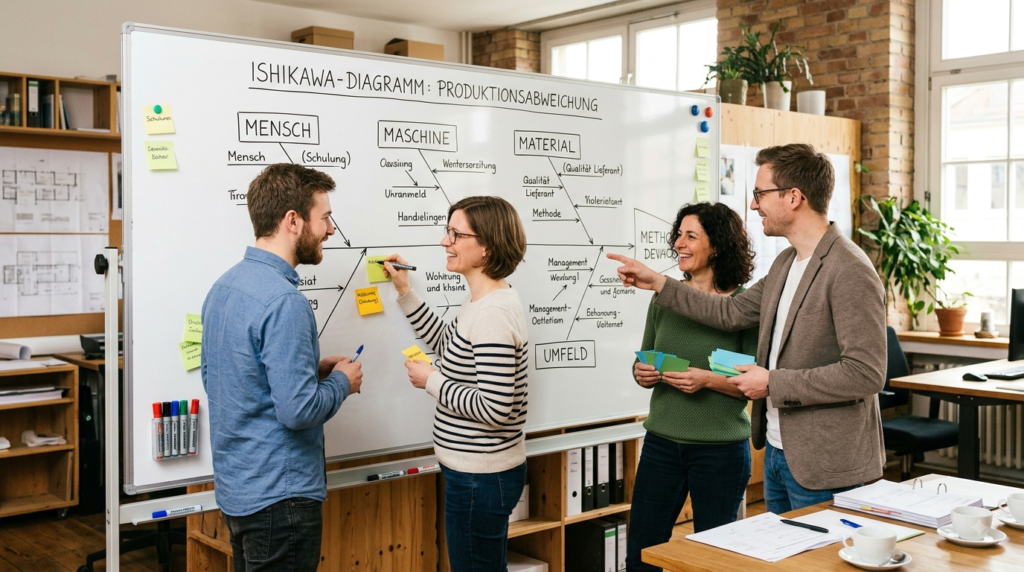 Team von 3–4 Personen arbeitet gemeinsam an einem großen Ishikawa-Diagramm an einer Wand oder auf einem Tisch
