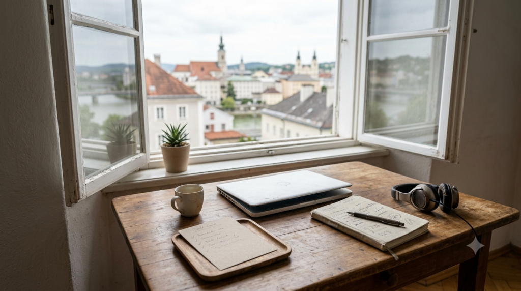 Aufgeräumter Arbeitsplatz mit wenigen bewusst ausgewählten Werkzeugen und einer erledigten kleinen Aufgabe.