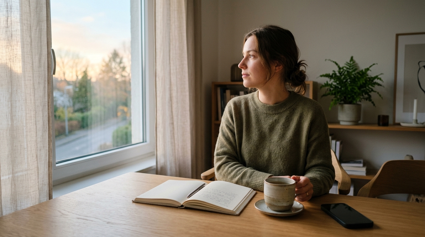 Person am aufgeräumten Schreibtisch mit Notizbuch, Tee und ausgeschaltetem Smartphone am Morgen