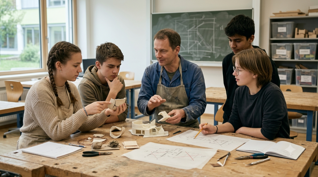Diverse Gruppe analysiert gemeinsam die Spuren eines gescheiterten Projekts auf einem Tisch.