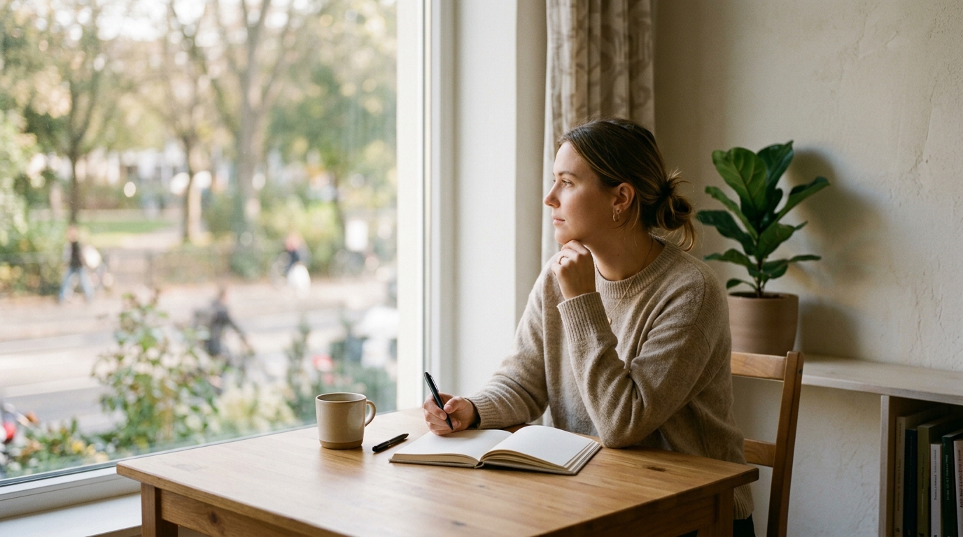 Eine Person sitzt ruhig am Fenster, vor ihr ein offenes Notizbuch auf einem Holztisch, weiches Nachmittagslicht, stille und konzentrierte Atmosphäre.