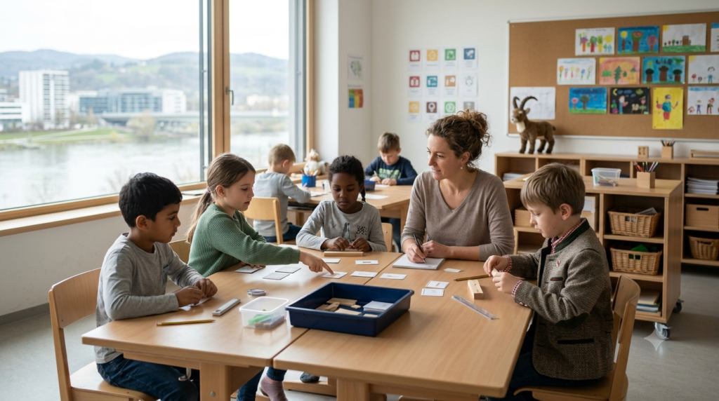Lehrperson und Schüler:innen prüfen gemeinsam eine Arbeitsanweisung im Klassenzimmer.