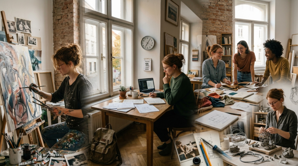 Verschiedene Lebensphasen einer kreativen Person, dargestellt durch unterschiedliche Arbeitsumgebungen und Materialien