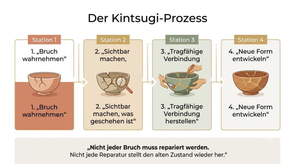 Prozessgrafik zeigt vier Schritte vom Bruch zur neuen tragfähigen Verbindung.