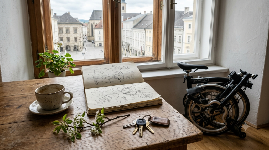 Alltagsszene mit Fahrrad, Skizzenbuch, Tasse und persönlichen Gegenständen als Symbole für Sinn und Verbundenheit.