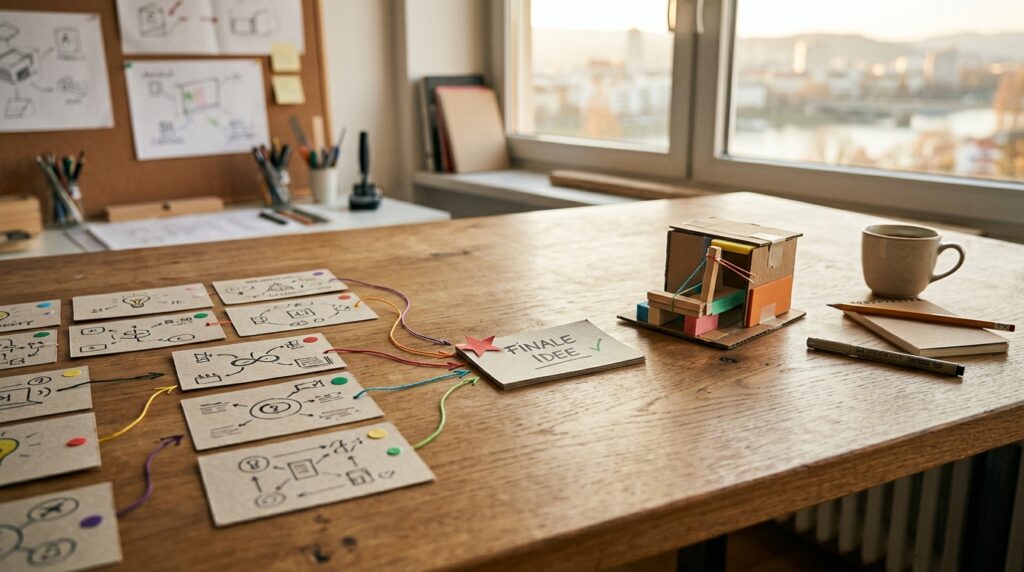 Eine ausgewählte Brainwriting-Idee wird in einen kleinen Test oder Prototyp übersetzt.