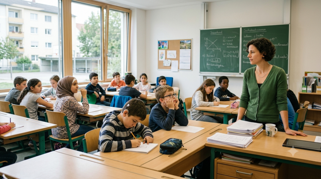 Lehrperson wartet nach einer Frage, während Schüler:innen in Ruhe nachdenken.
