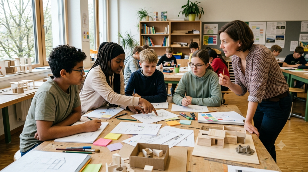 Schüler:innen besprechen gemeinsam unfertige kreative Arbeiten in einem offenen Klassenzimmer.