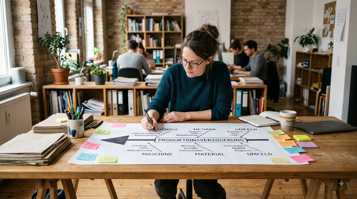 Kreative Person zeichnet ein Fischgräten-Diagramm auf ein großes Blatt Papier, subtile Darstellung von Struktur und systematischer Analyse
