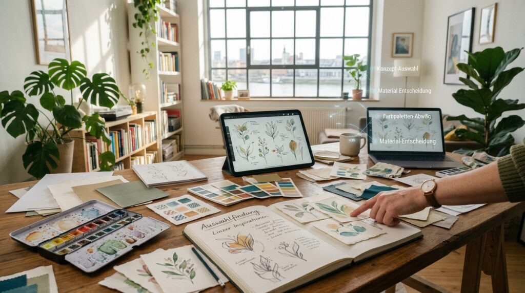 Kreative Arbeitsumgebung mit analogen und digitalen Ideen, Auswahlprozess im Fokus.